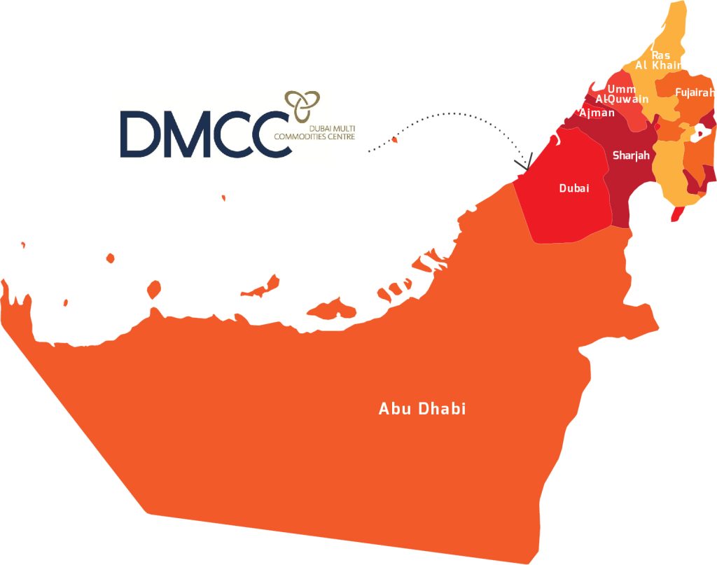 DMCC UAE map highlighting Dubai and Abu Dhabi
