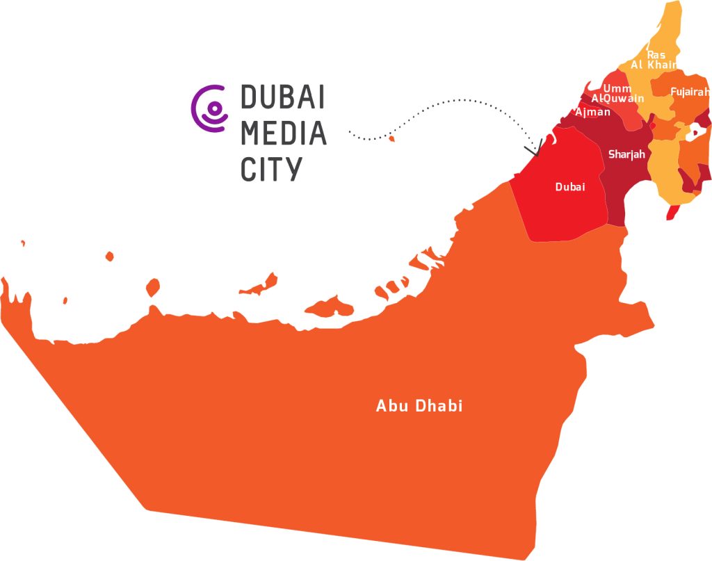 Map highlighting Dubai Media City in the UAE.
