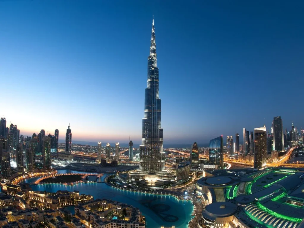 Dubai skyline with Burj Khalifa at dusk