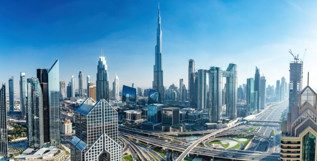Dubai skyline with skyscrapers, including Burj Khalifa