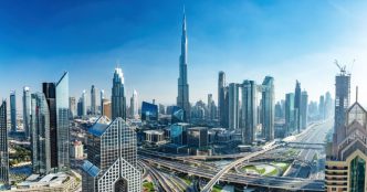 Dubai skyline with skyscrapers, including Burj Khalifa