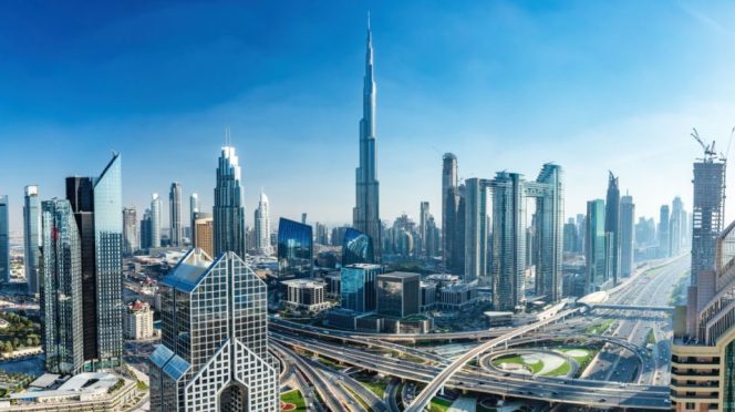 Dubai skyline with skyscrapers, including Burj Khalifa