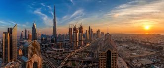Dubai skyline and sunset view.