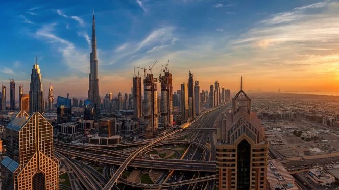Dubai skyline and sunset view.