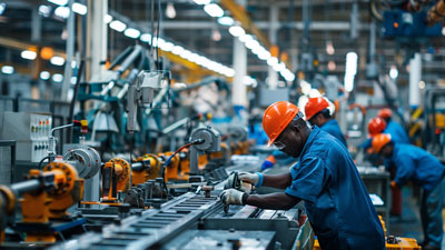 Factory workers assembling parts on production line