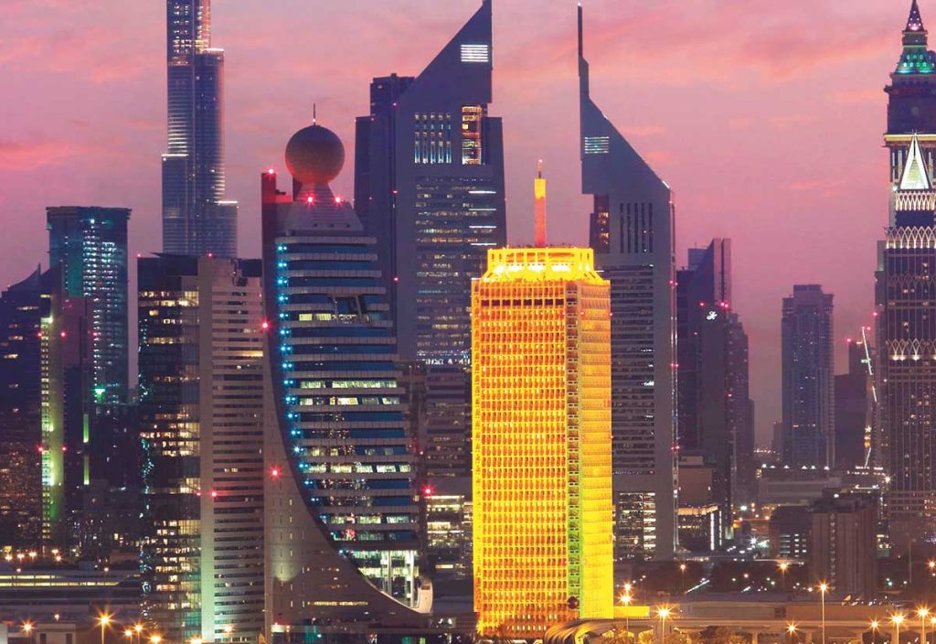 Dubai skyline at sunset with modern skyscrapers
