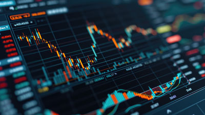 Stock market graphs showing financial data.