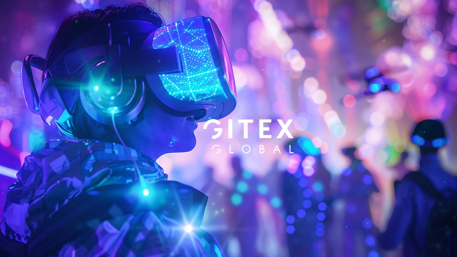 Person wearing VR headset at GITEX Global event.