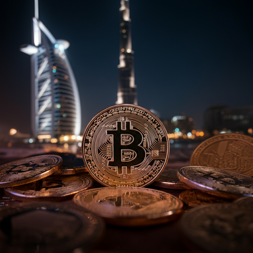 Bitcoin coins with illuminated city skyline at night.