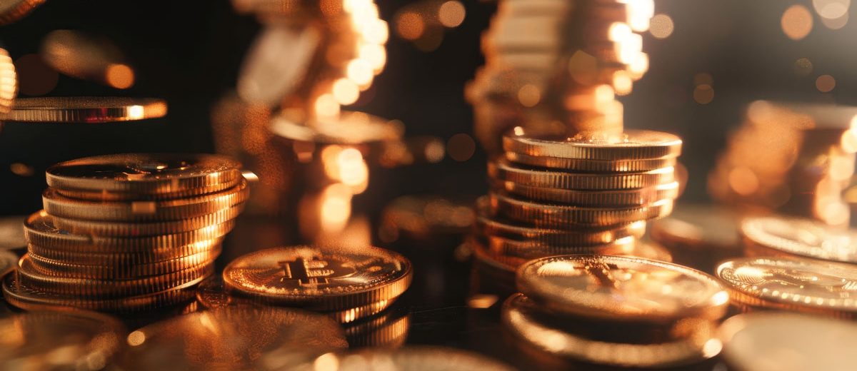 Stacks of Bitcoin coins glowing in light.