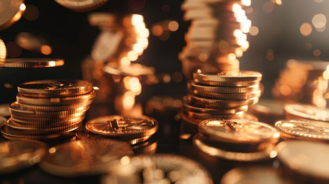 Stacks of Bitcoin coins glowing in light.