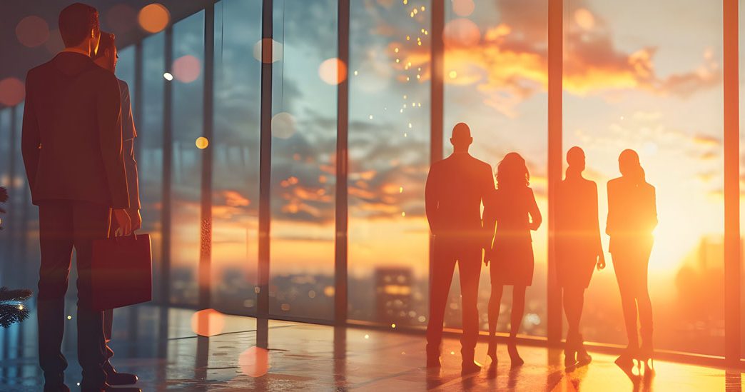 Office Christmas party with sunset views.