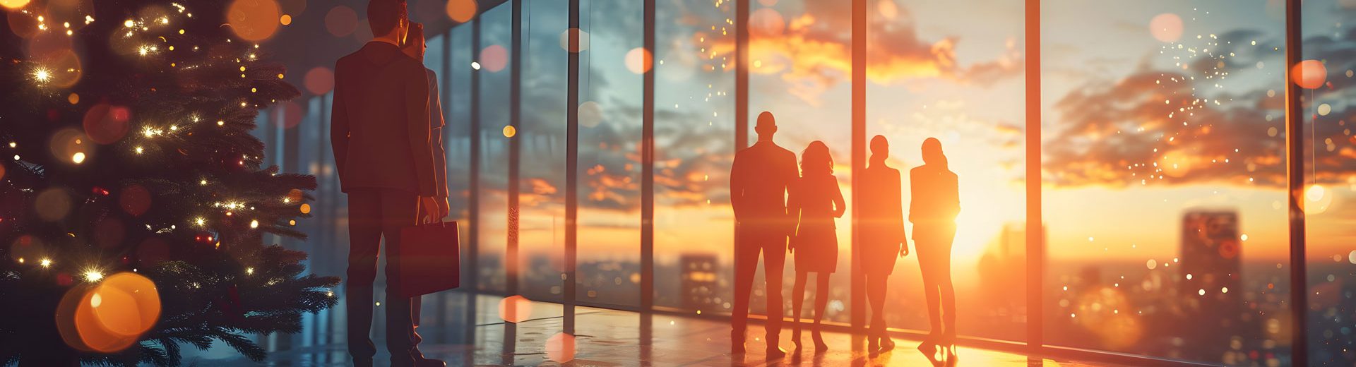 Office Christmas party with sunset views.