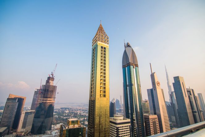 Dubai skyline with modern skyscrapers.