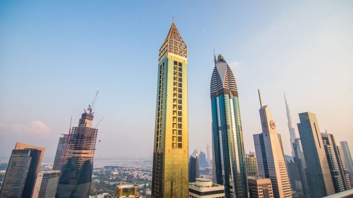 Dubai skyline with modern skyscrapers.